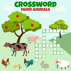 Crossword with farm animals. Vector education game for children. Mini-game for children. Crossword for kids.