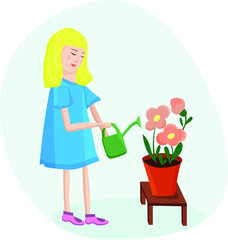 little girl helps with housework. watering from a watering can indoor plants in pots. The concept of family values ​​of home comfort. Vector flat cartoon illustration.