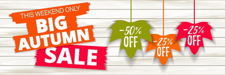 Big autumn sale offer, banner template. Colored maple leaf with lettering, isolated on wooden background. Fall leaf sale tags. Shop market poster design. Vector illustration. EPS 10
