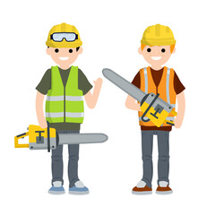 Two Men workers in uniform with helmets, chainsaw and glasses. Industrial safety. Loggers and objects for sawing wood. Cartoon flat illustration. Maintenance service