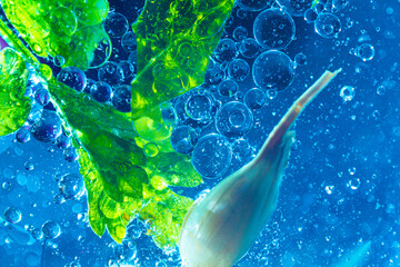 Fresh cocktail with green mint leaves with air bubbles in blue water. close up