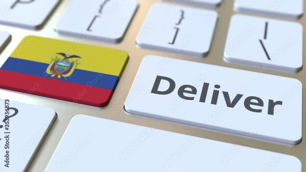 Poster deliver text and flag of ecuador on the computer keyboard. logistics related 3d animation