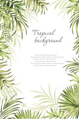 Tropical vector frame with palm leaves and exotic flowers. Summer baskground.