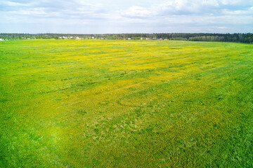 Obraz premium Green field and village on the horizon aerial