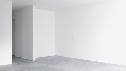 3D rendering of an empty room with decoration materials without flooring, stand or exhibition