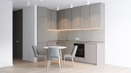 3D rendering of a kitchen corner in bright colors with a table and chairs, a stand or an exhibition