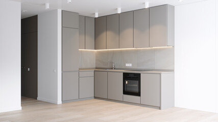 3D rendering of a kitchen corner in bright colors, a stand or an exhibition