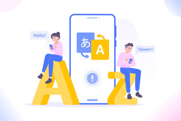 Online multi language translator app concept. Multilingual communication between people. Using translate app on smartphone for learning language. Dialogue between foreign people, vector illustration