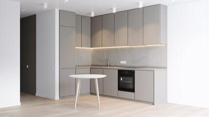 3D rendering of a kitchen corner in bright colors with a table, a stand or an exhibition