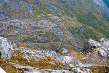 View on Geiranger fjord and walley from the top of the rock at cloudy weather