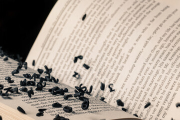 open book with falling black letters