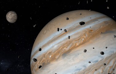 Jupiter and its moons and asteroids. 3D illustration.