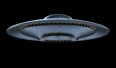 Fotobehang Niet-geïdentificeerd vliegend object - UFO. Science Fiction-beeldconcept van ufologie en leven buiten de planeet Aarde. Uitknippad inbegrepen. © ktsdesign