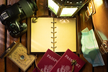 Travel notebook, with accessories and surgical mask