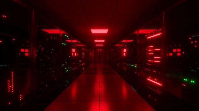 The camera moves along the corridor in the data center with the server equipment red light turns on.