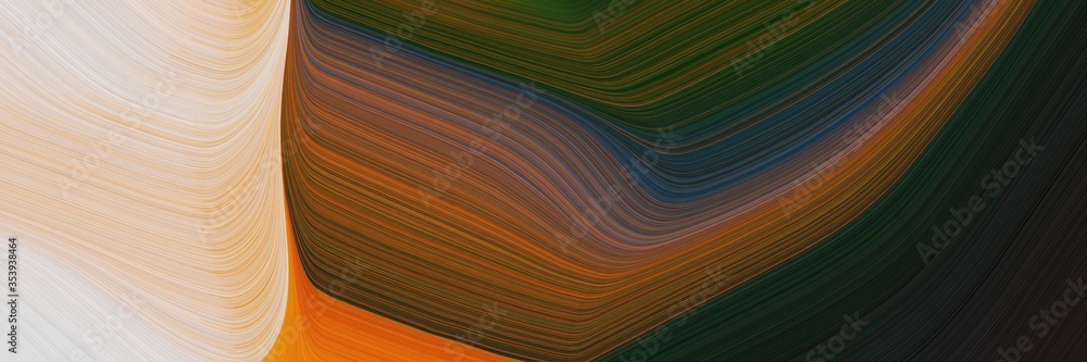 Poster abstract flowing horizontal banner with tan, baby pink and very dark green colors. fluid curved lines with dynamic flowing waves and curves for poster or canvas