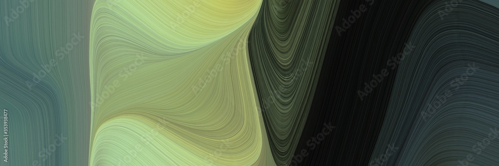 Poster abstract dynamic designed horizontal banner with very dark blue, dark khaki and dark sea green colors. fluid curved lines with dynamic flowing waves and curves for poster or canvas