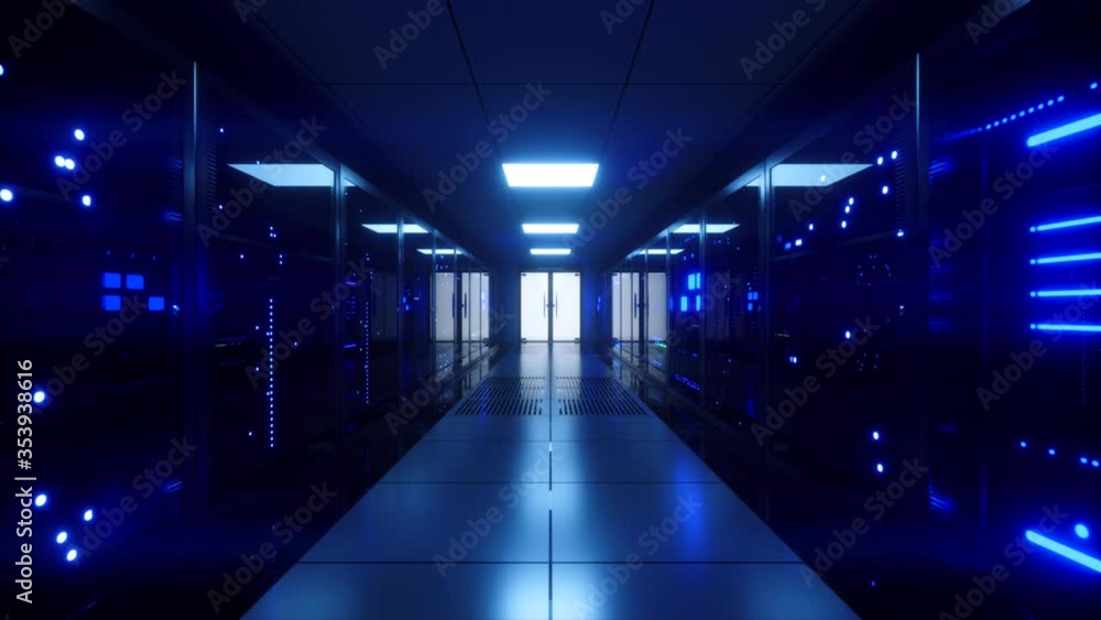 Poster big data servers. data solutions. server room with working flickering panels behind the glass. data 