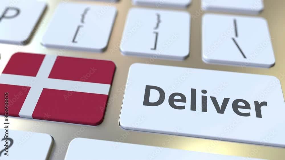 Poster deliver text and flag of denmark on the computer keyboard. logistics related 3d animation