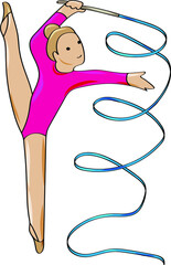 Sports school of rhythmic gymnastics. Young gymnast doing exercises