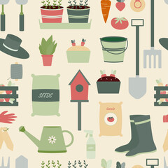 Gardening tools and plants seamless repeat vector pattern. Bundle of equipment for agricultural work, plant cultivation or transplantation, work in garden.