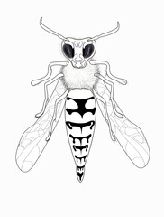 Stock vector illustration. The fluffy wasp is drawn in close-up, foreshortening- front, it is drawn vertically, in front of the paws. Illustration drawn white silhouette with a black line in doodle.