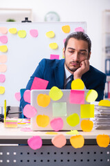 Young male employee in conflicting priorities concept