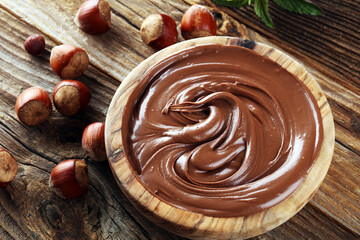 Homemade hazelnut spread in a bowl. Hazelnut Nougat cream closeup