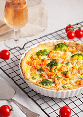 Home made french tart quiche with crayfish and broccoli filled with cream and eggs.