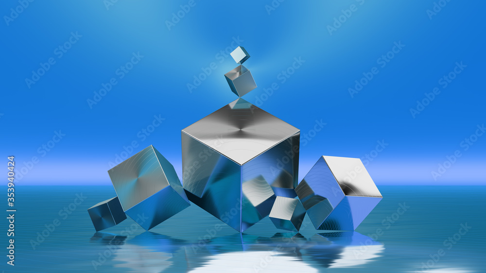 Poster abstract 3d rendering. blue cubes with many shapes on shiny surface. futuristic background wallpaper