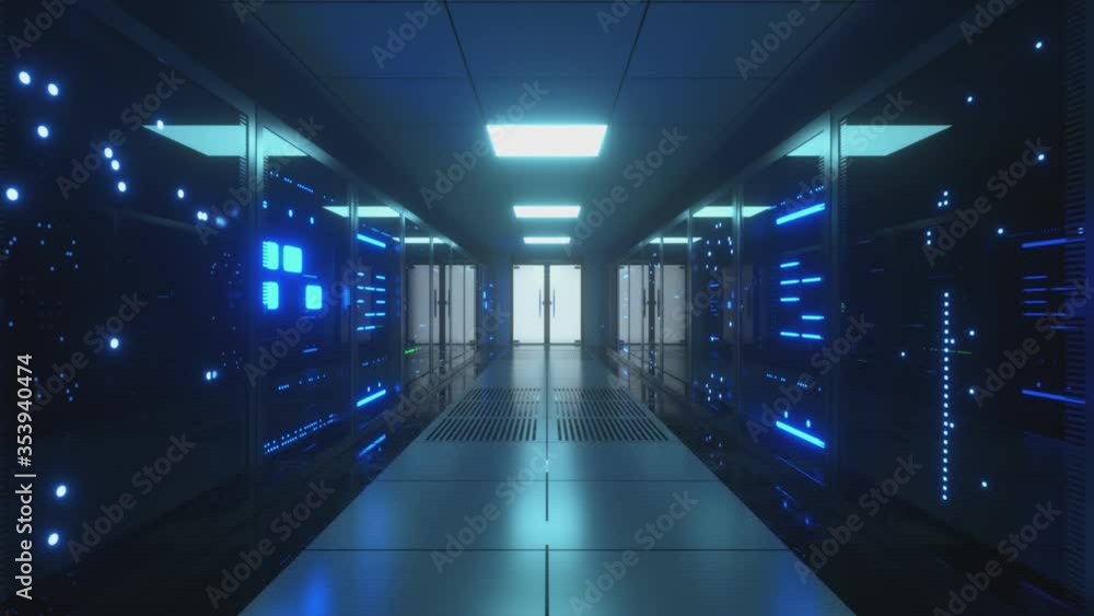 Poster big data servers. data solutions. server room with working flickering panels behind the glass. data 