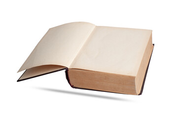  open old book with blank hardback pages isolated on white background