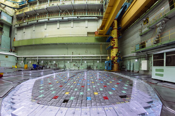 Nuclear power plant. Central hall of the nuclear reactor, reactor lid, maintenance and replacement...