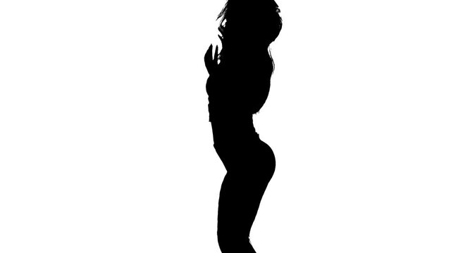 black silhouette on a white background, young beautiful girl dancer in fishnet tights and shorts dancing dancehall twerk, street modern dance, medium long shot