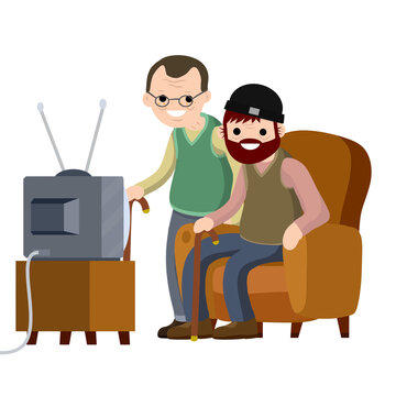 Old Senior man sit in couch and watching retro TV. Lifestyle of grandpa. Cartoon flat illustration. Hobbies and pastime oldster. Two grandfathers and glasses in nursing home