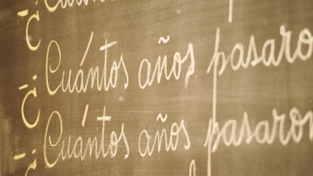 An Old Chalkboard in a Classroom at a Public School in Buenos Aires, Argentina. Particles floating in the Air. Close-Up. 