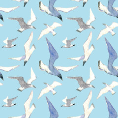 Fototapeta premium Seamless pattern with seagulls on blue background. Stock illustration with hand drawn watercolor of flying birds.