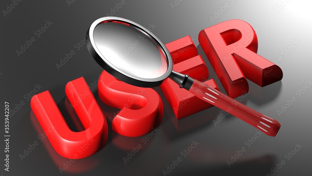 Aufkleber magnifier over the write user on black surface - 3d rendering illustration