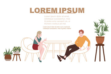 Loving couple in a cafe cute people in casual clothes sitting on soft chairs cafe room with chair table and plant pod flat vector illustration on white background