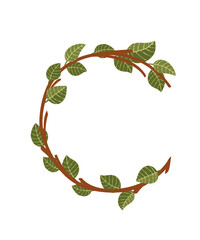 Letter C brown tree branches with green leaves eco font flat vector illustration isolated on white background