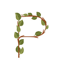 Letter P brown tree branches with green leaves eco font flat vector illustration isolated on white background