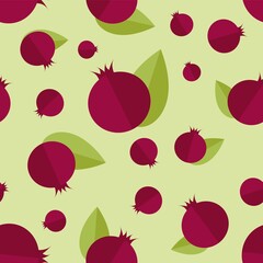 Vector seamless pattern with pomegranates and leaves on a light green background. Flat minimalistic image. Fruit Icons. Picture for packaging, textiles, backgrounds.