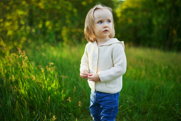 Adorable toddler girl walking in park or forest