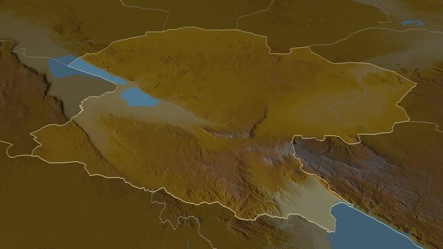 Mbeya, region with its capital, zoomed and extruded on the relief map of Tanzania in the conformal Stereographic projection. Animation 3D