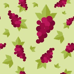 Vector seamless pattern with bunches of grapes or red currants on a light green background. Flat minimalistic image. Icons of berries. Picture for packaging juice, textiles, backgrounds.