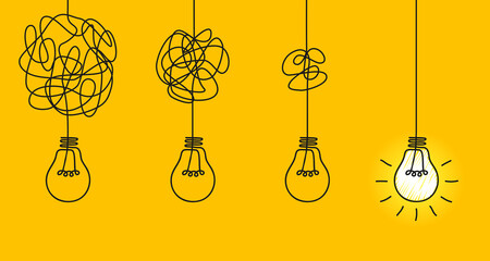 Idea concept, creative of simplifying complex process lightbulb, bulb sign, innovations, untangled of problem. Keep it simple business concept for project management, marketing, creativity - obrazy, fototapety, plakaty