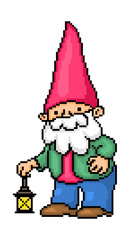 Bearded garden gnome in a red pointy hat, green jacket, red shirt and blue pants with a lantern, pixel art isolated on white. Lawn ornament. Fairy tale character. 8 bit dwarf logo. Leprechaun mascot.