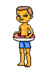 Happy smiling tanned boy in blue trunks standing with red inflatable swim ring, old school 8 bit pixel art character isolated on white. Beach toy. Summer holiday activity. Swimming pool fun