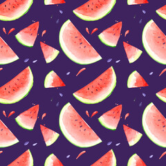Watermelon summer children pattern background season fruit slice berry splashing seeds red juicy tropical watercolor seamless
