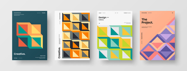 Fototapeta premium Company identity brochure template collection. Business presentation vector A4 vertical orientation front page mock up set. Corporate report cover abstract geometric illustration design layout bundle.